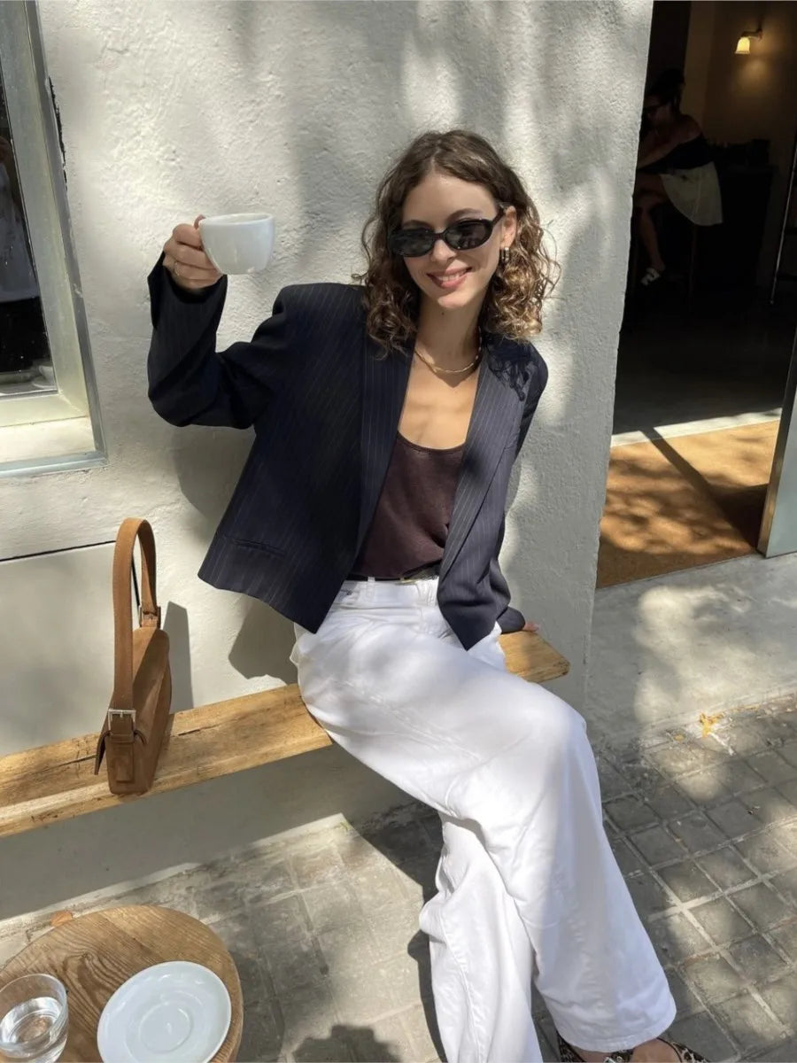 Vintage Solid Striped Cropped Jacket Women Autumn Long Sleeve Cardigan Blazer Outerwear New Casual Fashion Short Jackets