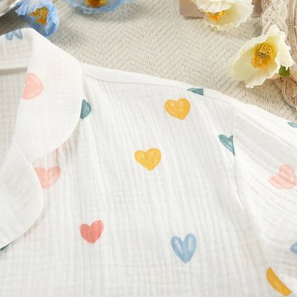 Heart Print Lapel Short Sleeve Top + Shorts Pajamas Loose 100% Cotton Comfortable Women Sets Casual Homewear Sleepwear Outfits