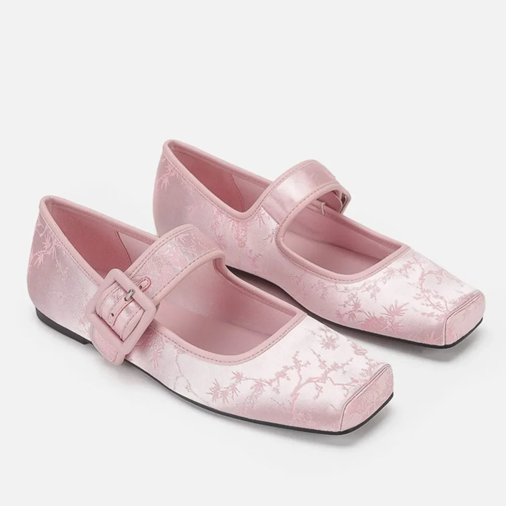 Brand Design Women's Pink Casual Ballet Flats Satin Silk Embroidery Silver Black Mary Jane Shoes for Women High Quality