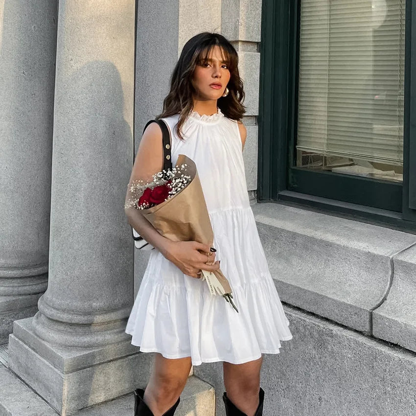 Summer Cotton A-line Loose Ruffles White Dress Women Casual O-neck Lace-up Sleeveless Mini Dress Female Holiday Party Dress 2025