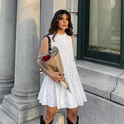 Summer Cotton A-line Loose Ruffles White Dress Women Casual O-neck Lace-up Sleeveless Mini Dress Female Holiday Party Dress 2025