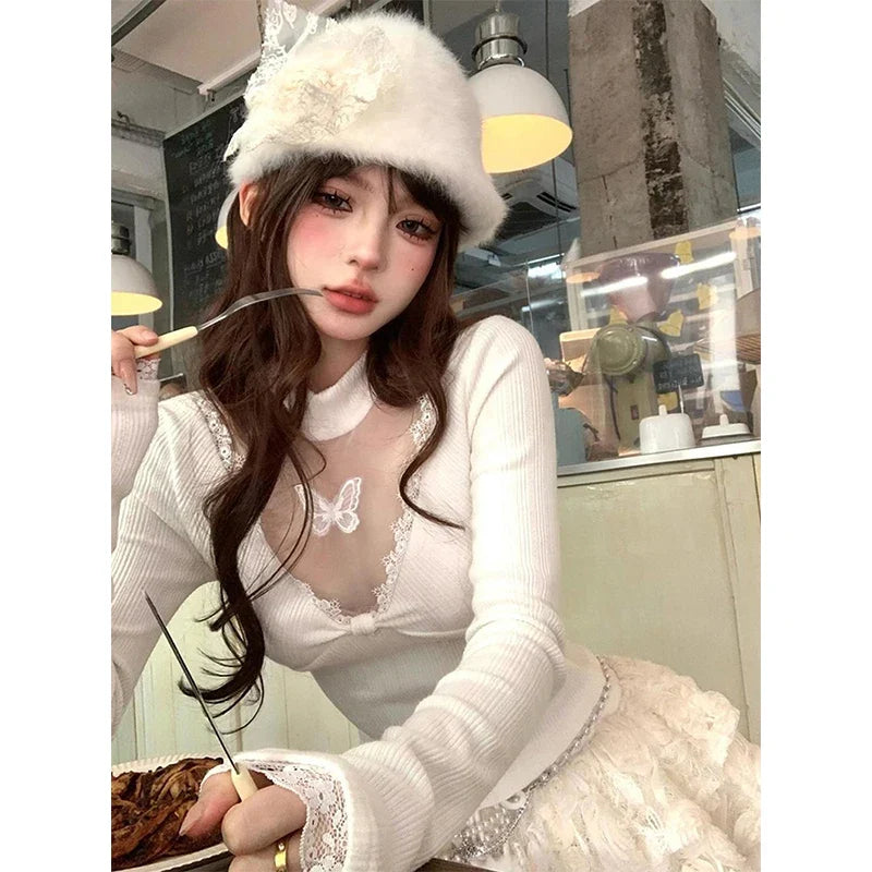 Y2K Cropped Black Sweater Women Harajuku Embroidery White Knitted Pullovers Gyaru Grunge Mesh Lace Knitwears Winter Chic Jumpers