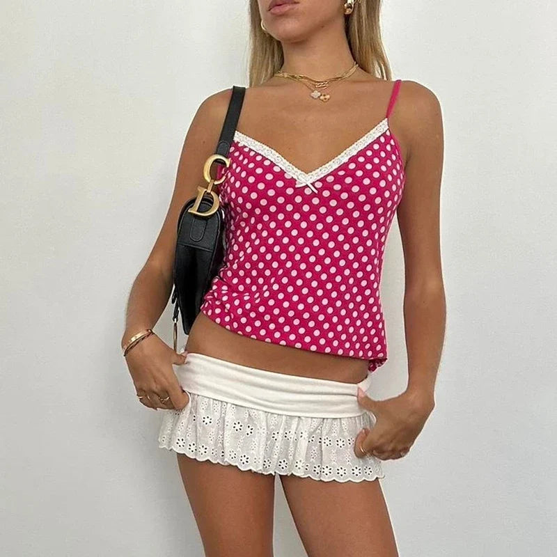 Vintage Polka Dot Lace Trim V Neck Cami Top