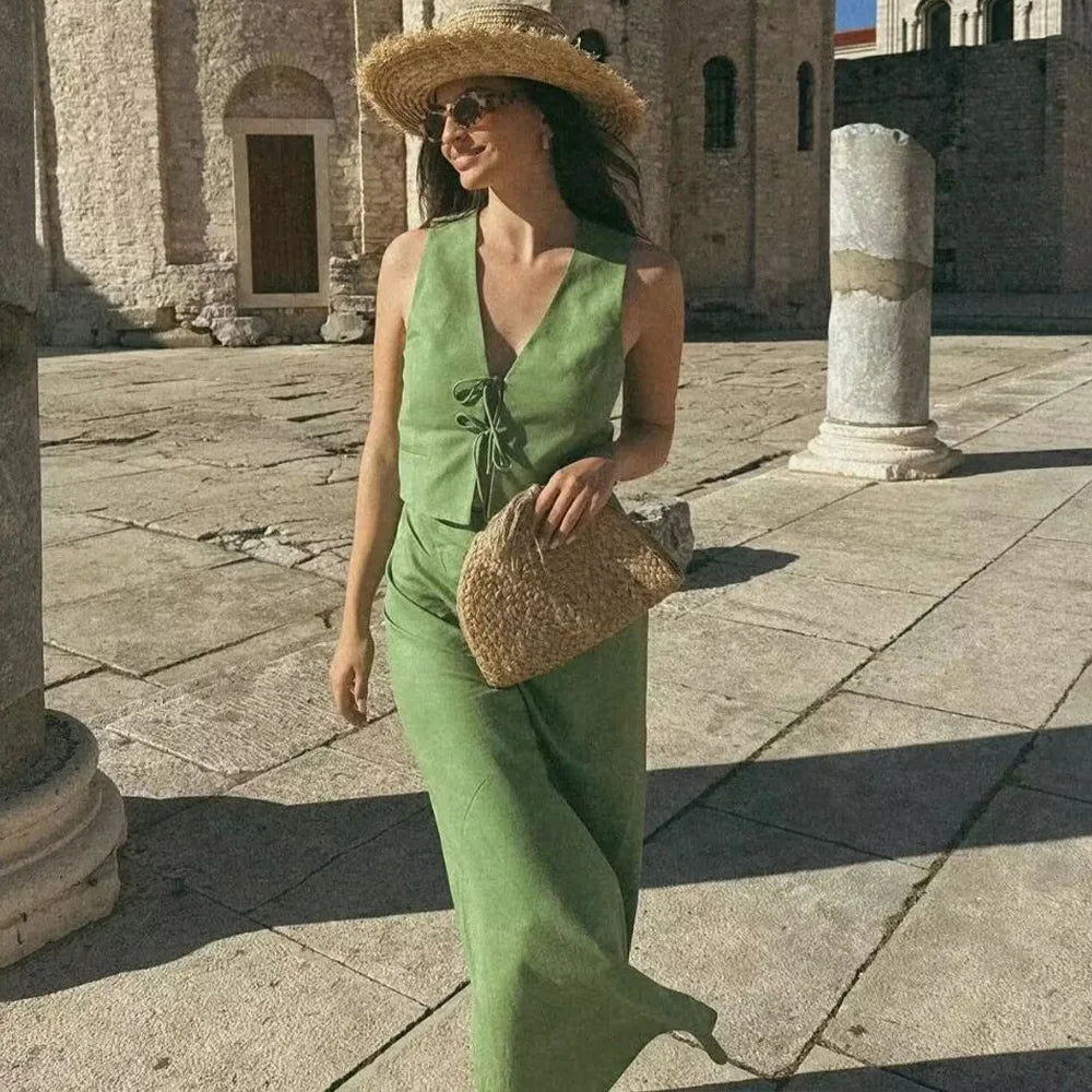 New Chic Tank Top And Long Skirts Set Summer Vest And Fashion Skirt Two Piece Set Green Vacation Casual Women Outfits