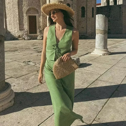 New Chic Tank Top And Long Skirts Set Summer Vest And Fashion Skirt Two Piece Set Green Vacation Casual Women Outfits