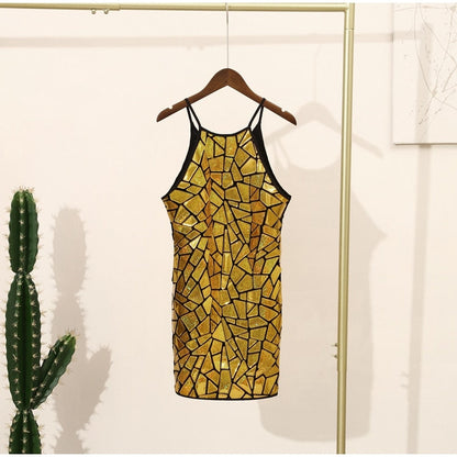 Mirror Mosaic Tile Halter Bodycon Mini Dress