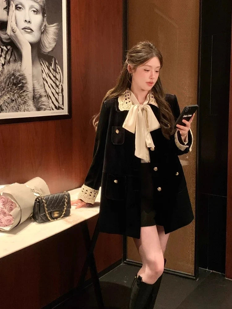 Winter Kawaii Japanese Fashion Wool Lapel Lace Velvet Women Coat Sweet 2000s Vintage Cute JK Preppy Style Chic Casual Outerwears