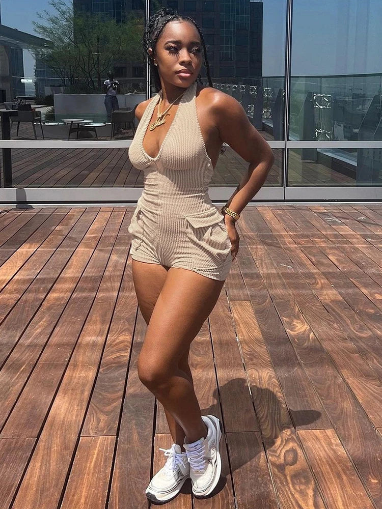 Casual Knitting Playsuit Sexy Halter Backless Rompers Basics Splice Pockets Hollow Vest Fall And Winter Women Streetwear