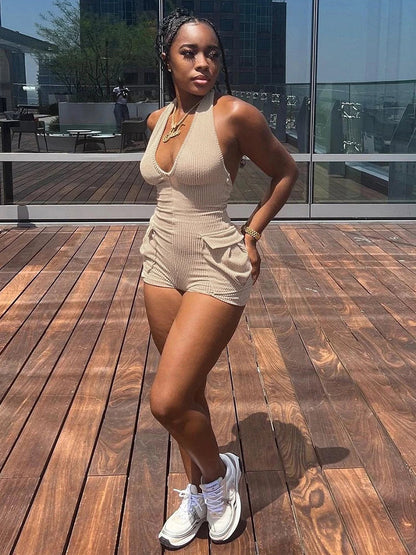 Casual Knitting Playsuit Sexy Halter Backless Rompers Basics Splice Pockets Hollow Vest Fall And Winter Women Streetwear