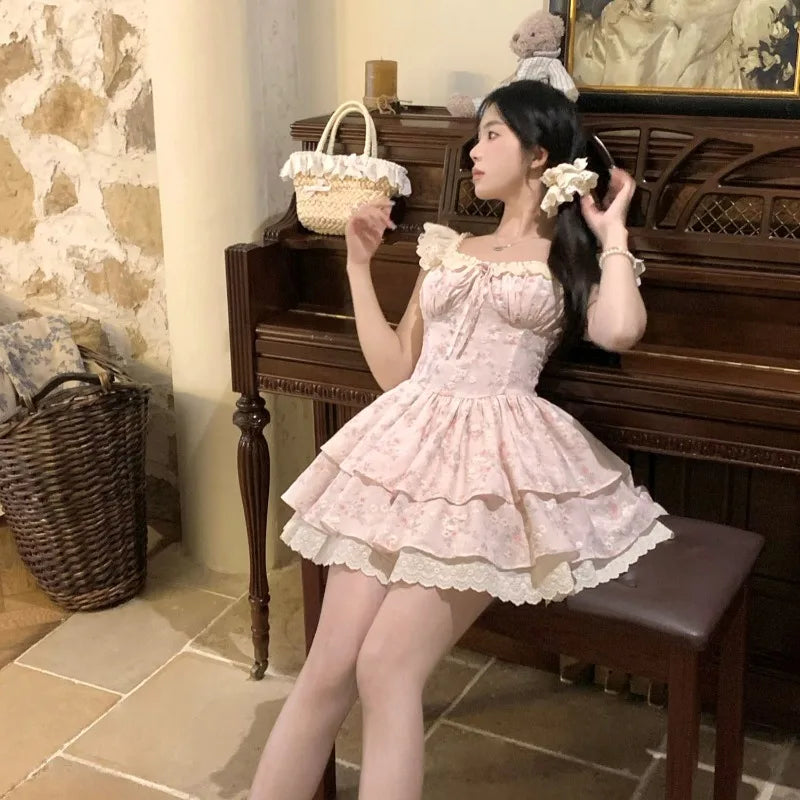 Dresses Women Sweet Floral Printed Flying Sleeve Square Collar Slim Lace Patchwork Ruffles Bandage Party Mini Dress
