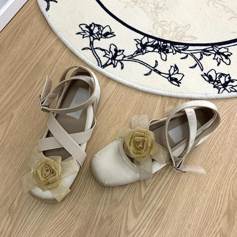 New Fashion Flower Square Toe Shallow Shoes Women Buckle Vintage Suede Autumn Women's Party Comfort Ballerinas Shoes