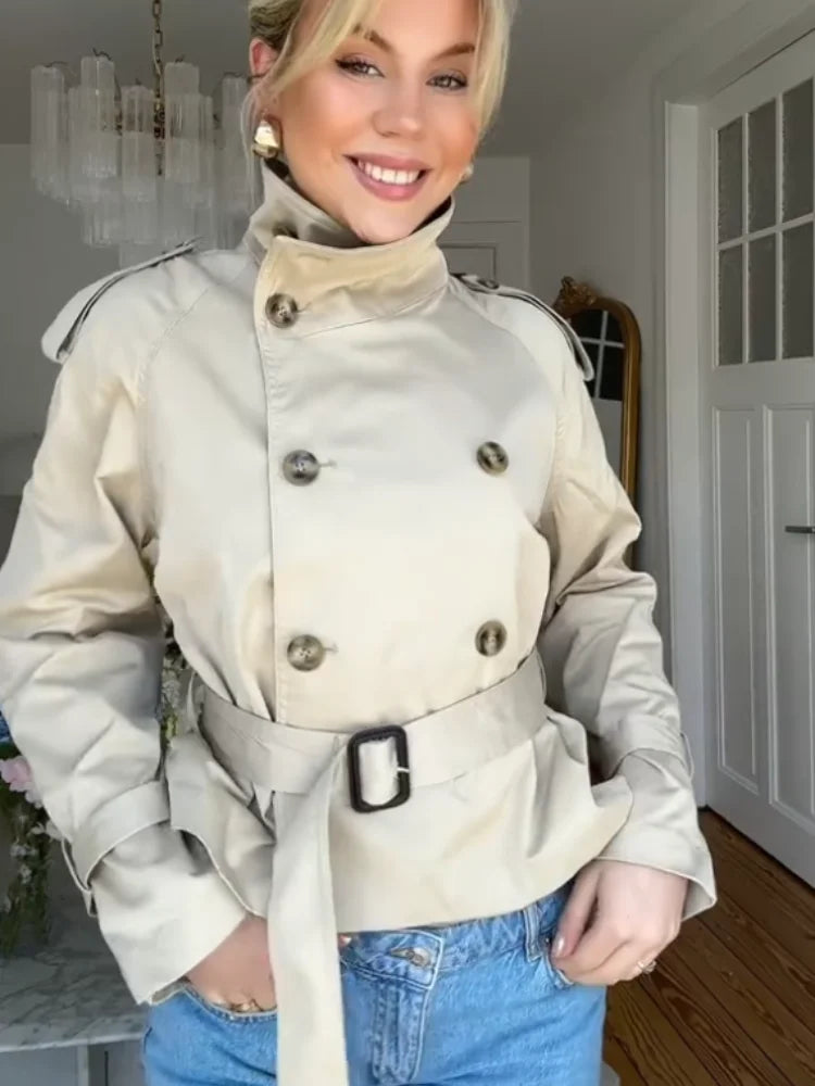 Stand Up Collar Trench Coat Belt Lace Up Double Breasted Short Jacket Retro Waist Cinched Silhouette Slimming Windbreaker Top