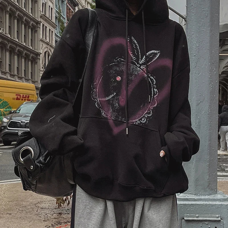 American Street Fun Unisex Graffiti Print Hooded Hoodie Women's Loose Oversize Coat