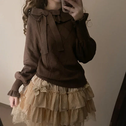 Autumn Winter Sweet Puff Long Sleeves Solid kawaii Knitted Pullover Women Lolita Ruffles Bow Sweater Women Knitwear Jumpers Tops