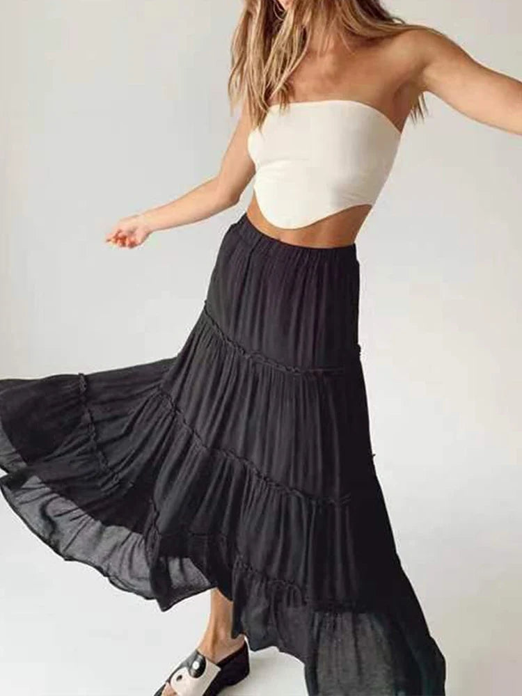 Casual Skirts Women Fashion Vintage Streetwear Skirts Solid Loose Floral Folds Elastic Waist Midi 2024 New Spring Summer Skirts