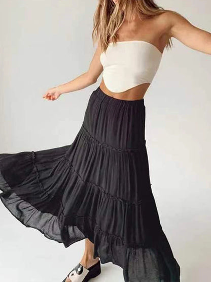 Casual Skirts Women Fashion Vintage Streetwear Skirts Solid Loose Floral Folds Elastic Waist Midi 2024 New Spring Summer Skirts