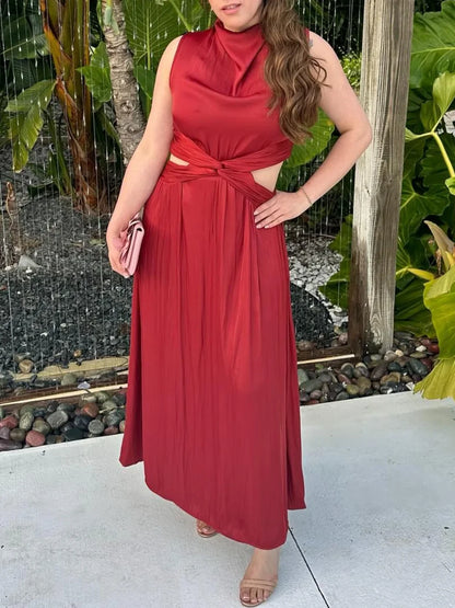 Summer new women's fashion versatile high-end simple round neck sleeveless party silk textured mid-length dress