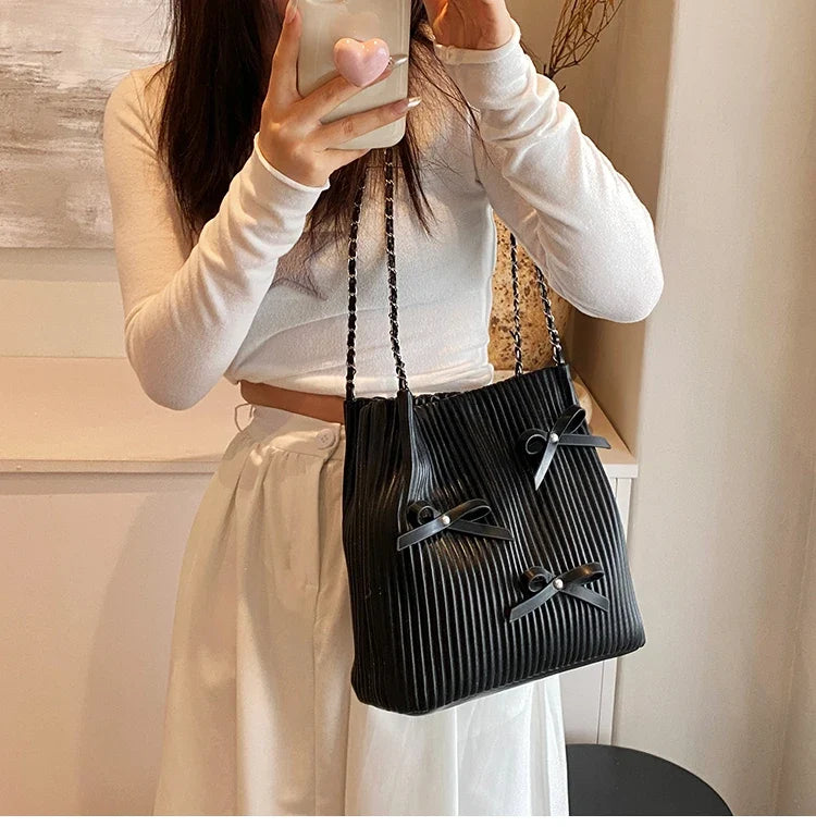 Trendy Design Pleated Bow Handbags and Purses Women Shoulder Crossbody Bags 2024 New Messenger Clutches Bag High Quality