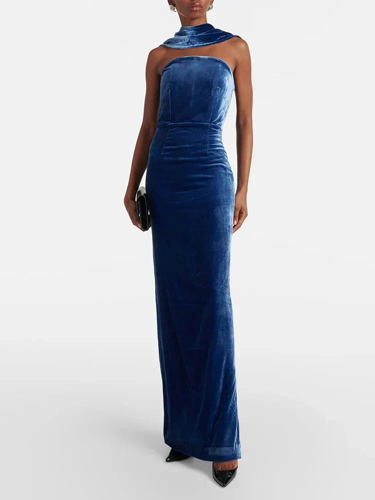 Velvet Halter Collar Strapless Bodycon Maxi Gown