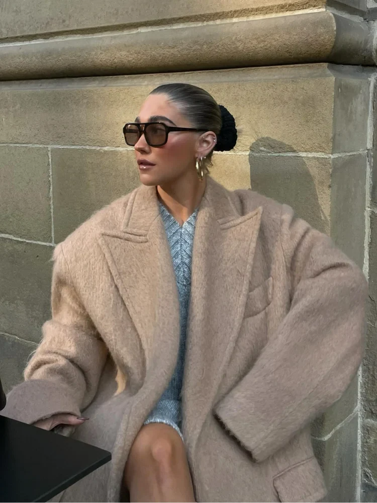 Classic Fashion Solid Oversized Cashmere Overcoats Women's Elegant Lapel Pockets Long Sleeve Jackets Chic Female Streetwear