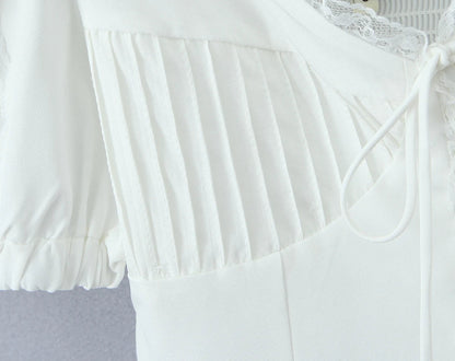 New Summer Short-sleeved Tops Solid Lace Edges V-neck Pleated Design Elegant White Shirt Fashion Holiday Party Crop Tops