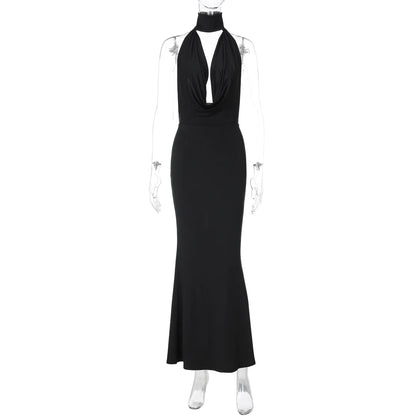 women's sexy hollow out swinging neck backless princess style slim fit bag hip slit hanging neck dress