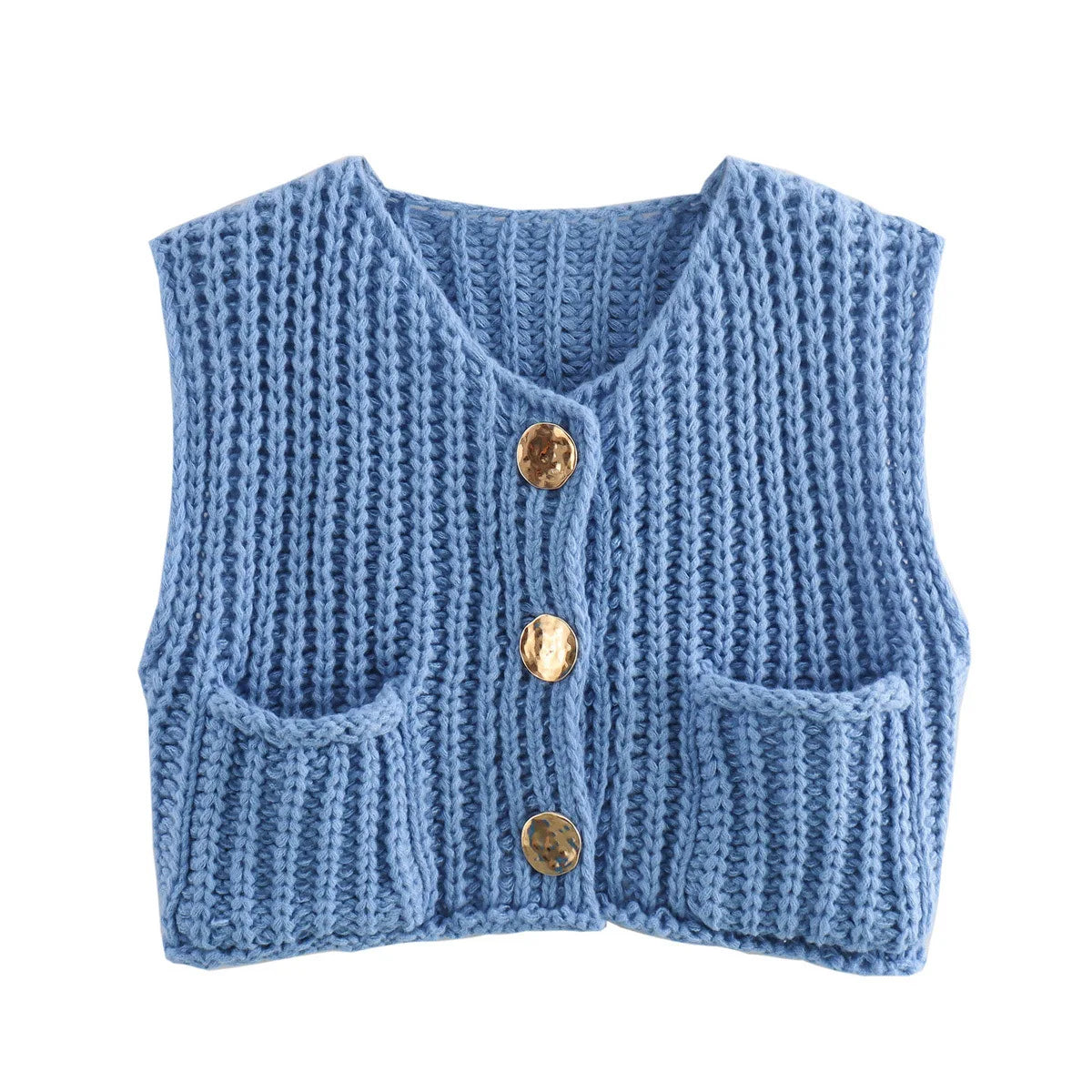 Fashion Sleeveless Knitted Cardigan Vests For Women Autumn New Short Sweater Button With Pockets Solid Color Knitted Top