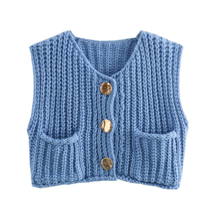 Fashion Sleeveless Knitted Cardigan Vests For Women Autumn New Short Sweater Button With Pockets Solid Color Knitted Top
