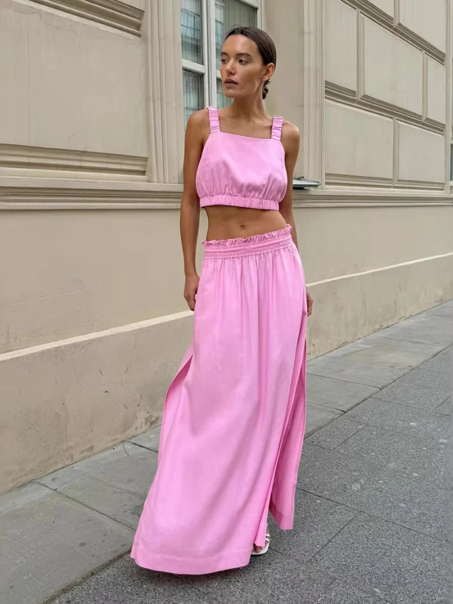 Wolfeel Summer Cotton Linen Women's Suspender Half Skirt Set Chic Short Vest Casual Set Female Split Long Skirt Matching Sets