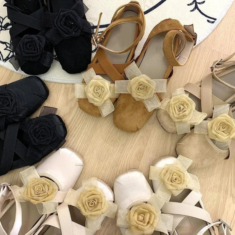 New Fashion Flower Square Toe Shallow Shoes Women Buckle Vintage Suede Autumn Women's Party Comfort Ballerinas Shoes