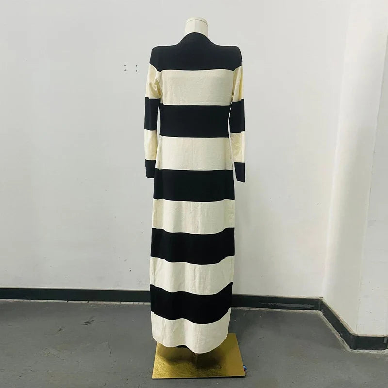 Elegant Striped Knit Cardigan Dress Women Outfit Long Sleeve Button Jacket Tube Sleeveless Dresses Spring Autumn Lady Set