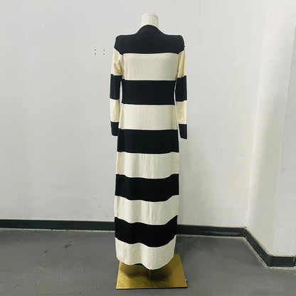 Elegant Striped Knit Cardigan Dress Women Outfit Long Sleeve Button Jacket Tube Sleeveless Dresses Spring Autumn Lady Set