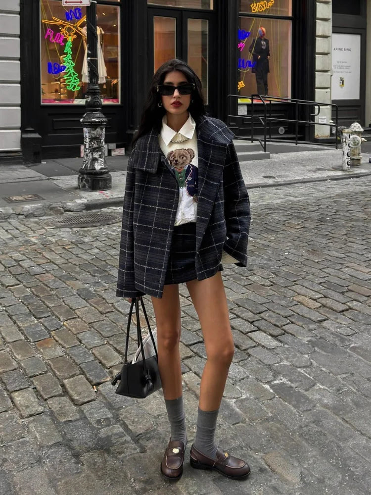 chic Plaid Lapel Women's Suit Jackets Casual Long Sleeved Pocket Single Breasted Coats Autumn Loose Office Commut Lady Outerwear