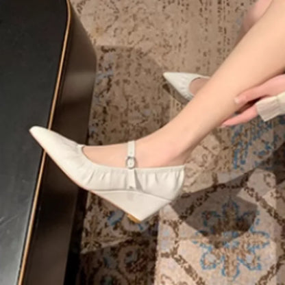Metal Colors Zapatos Mujer 2024 Tendencia Pleated Shoes For Woman Wedges Heels Heeled Soft Leather Sandals Tacones Metal Buckle