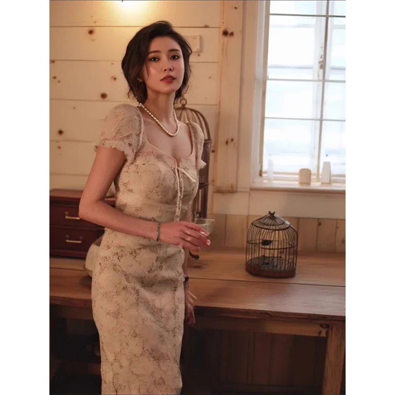 Vintage Midi Dress Women Elegant Party Prom Lace Square Collar Dresses Summer Korean Puff Short Sleeve Bodycon Design Vestidos