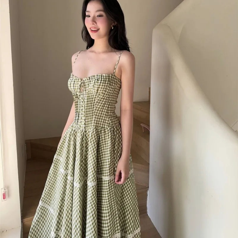 Holiday Style Summer Women's Dress Lace Splicing Sweet Lace Waist Back Green Plaid Dresses Elegant Fashion Long Dress