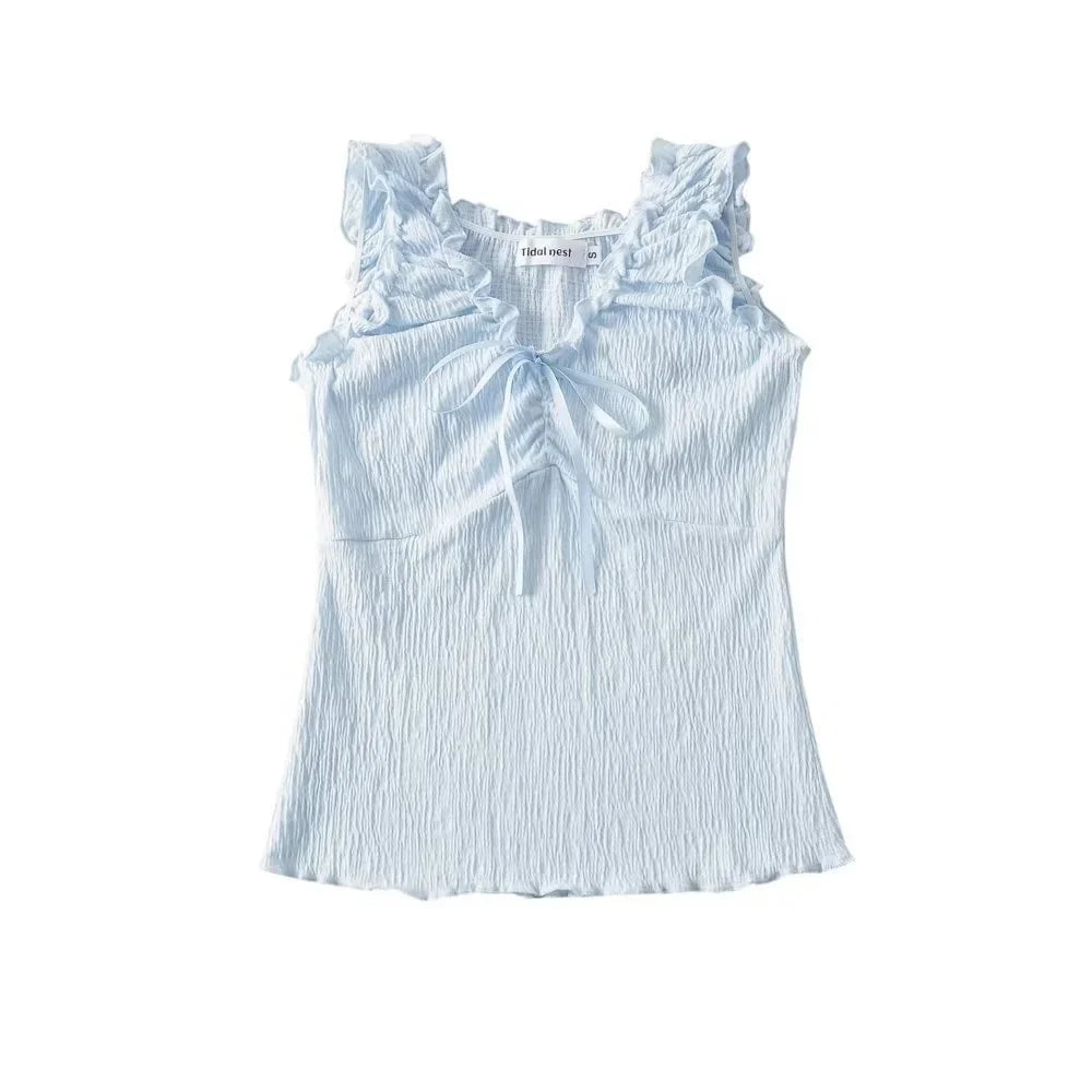 Lacing Patchwork Agaric Laces Crop Tank Top Women Shirring V-Neck Sweet Slim Versatile Vest American Hottie Streetwear