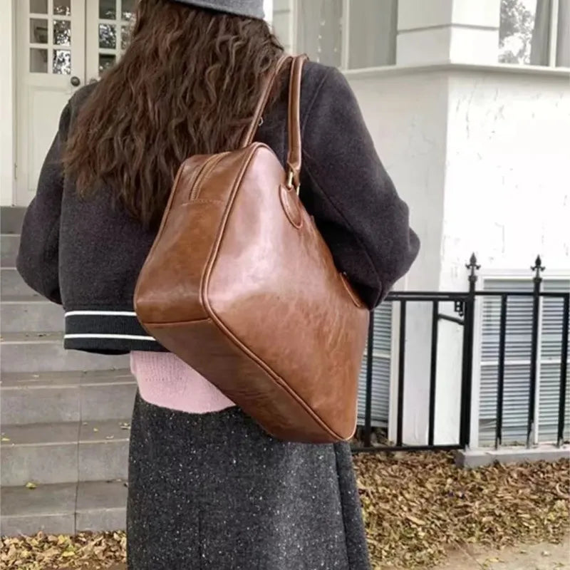 Japanese Retro Brown Tote Bag Women Ladies Waxed Leather Large Capacity Handbag Ladies Preppy Style Commuter Simple Shoulder Bag