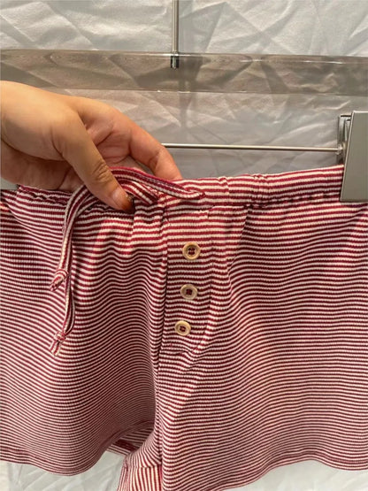 Red Striped Y2k Vintage 2 Piece Set Women Buttons O Neck Crop Top Long Sleeve+Drawstring Shorts Sweet Fashion Slim Shorts Sets
