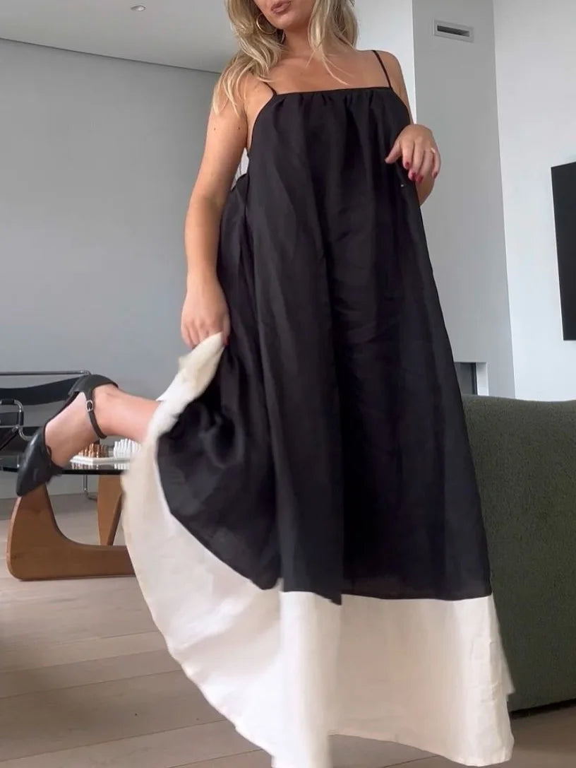Solid Patchwork Loose Long Dress Women New Sleeveless Backless A-line Maxi Dress Summer Beach Holiday Casual A-line Vestido