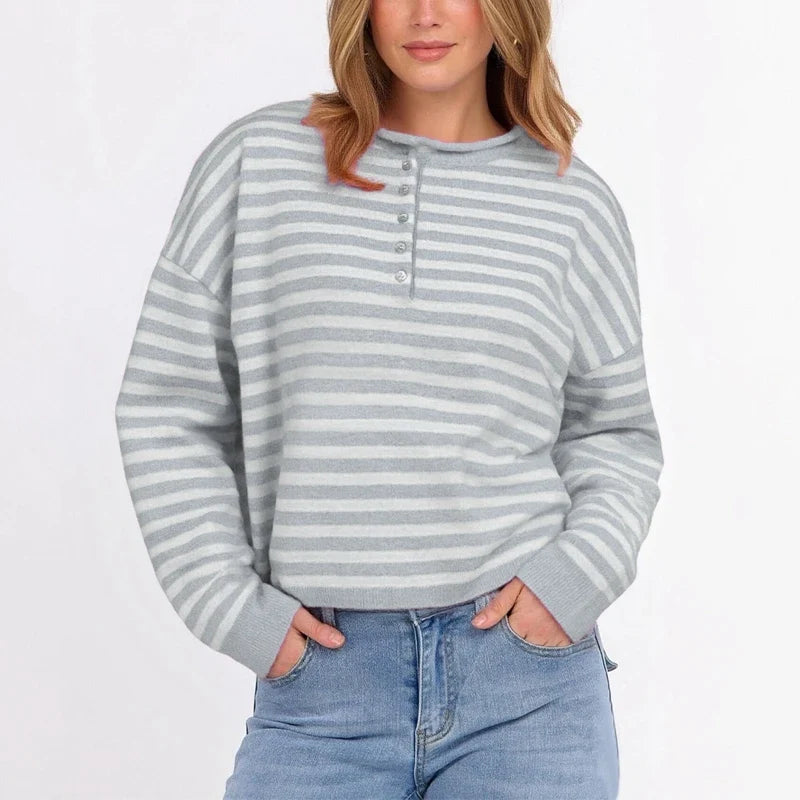Womens Knitted Sweater Tops Fall Long Sleeve Crew Neck Striped Button Loose Pullover Jumpers Preappy Casual Knitwear