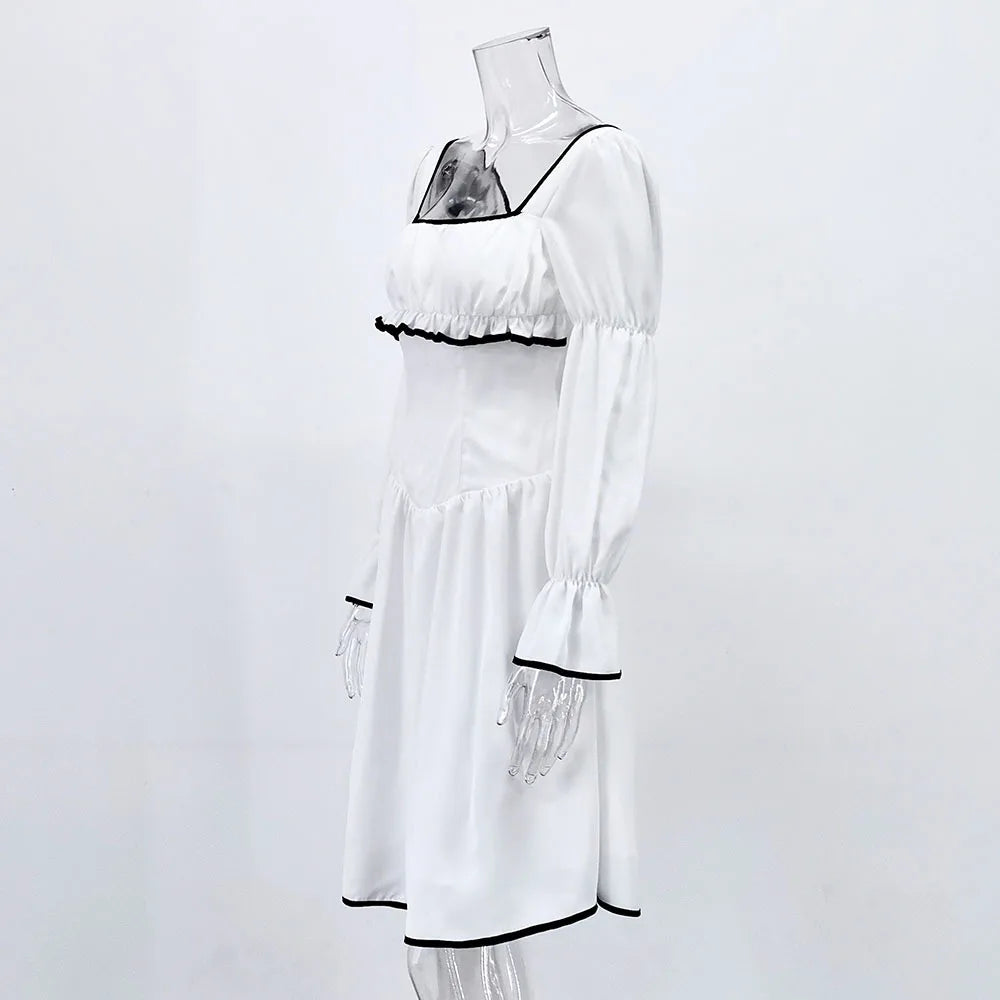 White Elegant A-line Mini Dress Women 2025 New Spring Square Collar Long Sleeve Vestidos High Waist Casual Fashion Short Dresses