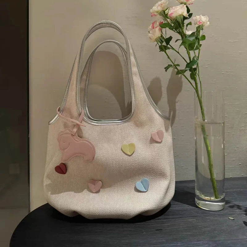 Sweet Y2k Aesthetic Heart Top-Handle Bags Kawaii Cute Fashion All Match Shoulder Underarm Bag Casual Shopping Purse and Handbags