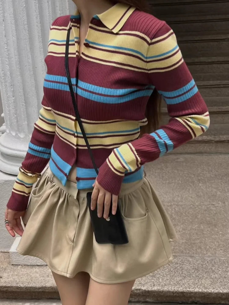 Knitted Contrast Color Striped Cardigans Women Single Breasted Thin Slim Long Sleeve Lapel Female Sweater 2025 Autumn Basic Top