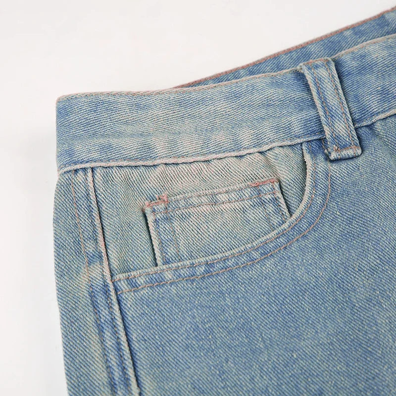 American Style Pleated Washed Parachute Jeans Women's High Waisted Loose Wide Leg Large Pocket Workwear Pants