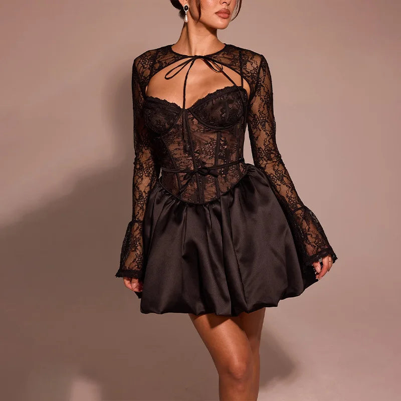 Lace Tie Front Bolero Long Sleeve Boned Corset Bubble Hem Mini Dress