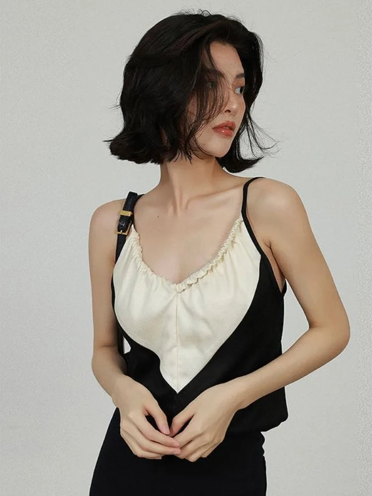Elegant Satin Crop Top Women Black White Contrast Patchwork Backless Camis Office Lady V-neck Casual Halter Tops Summer
