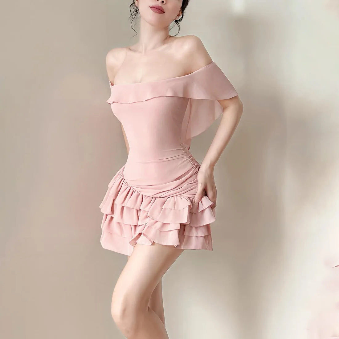 Summer New Women's Clothing One-word Collar Off-the-shoulder Ruffle Leaf Edge Hip-wrapped Cake Dress