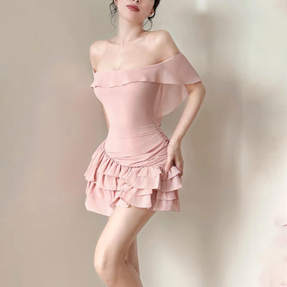 Summer New Women's Clothing One-word Collar Off-the-shoulder Ruffle Leaf Edge Hip-wrapped Cake Dress