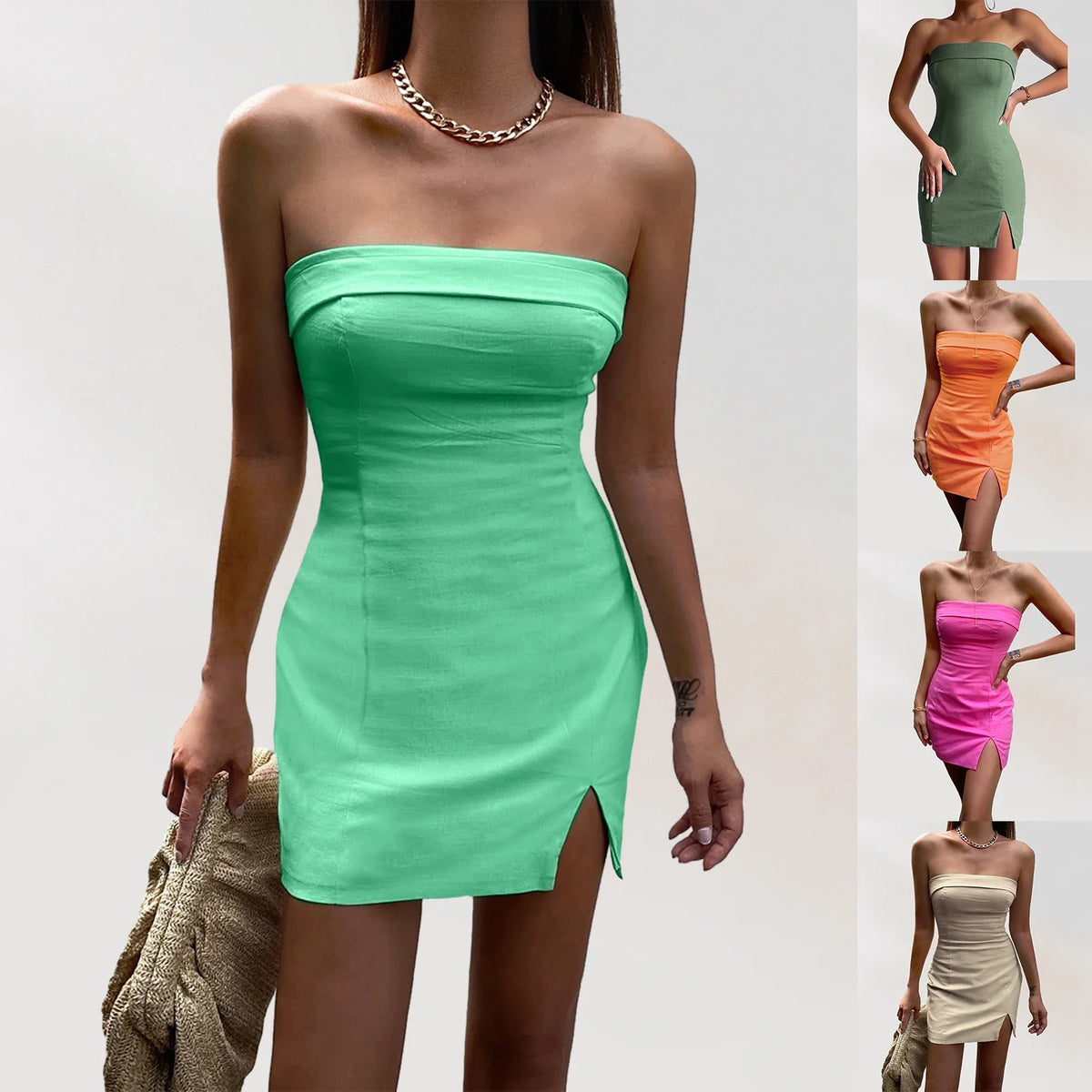 Women Sleeveless Mini Dress Skinny Strapless Slim Dress Side Split Sexy Sheath Dress Solid Color Evening Party Dress